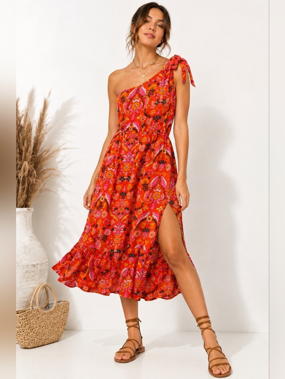 Band of the Free One Shoulder Boho Floral Midi Dress L
